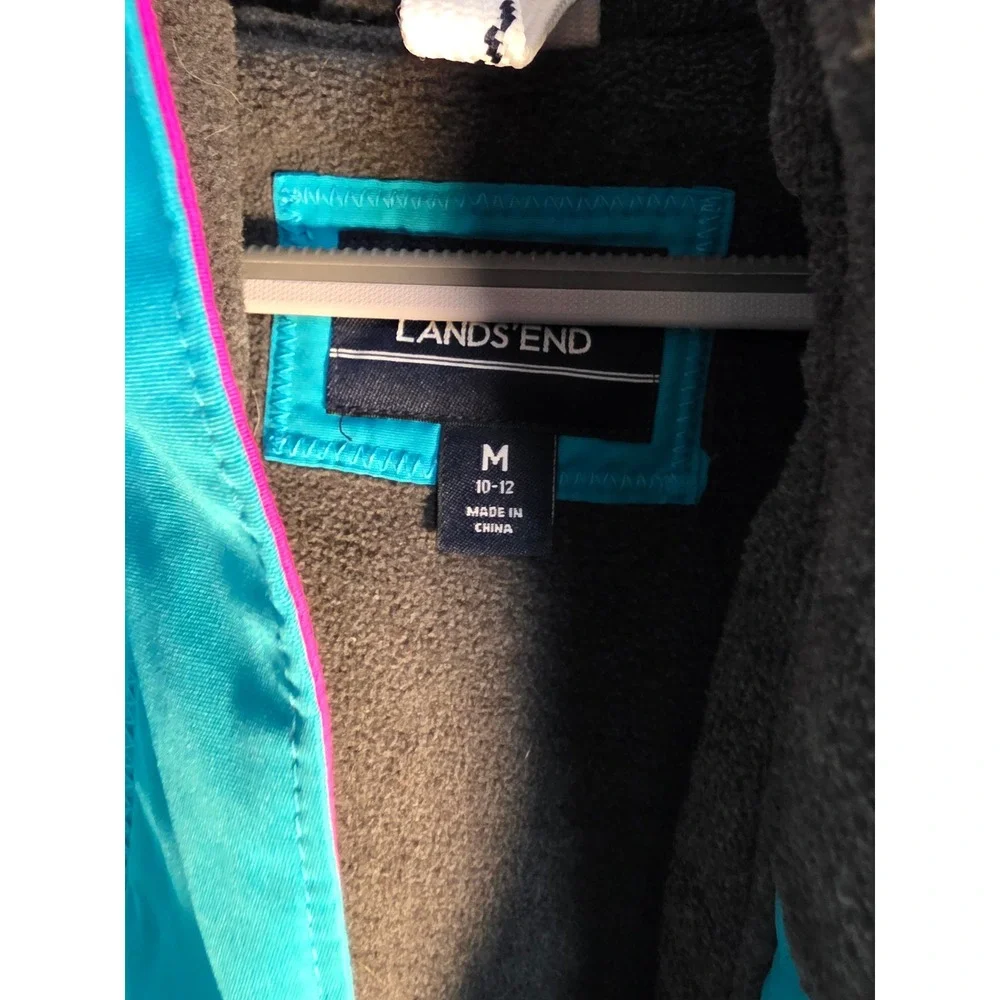 Lands End Kids Girls Teal Pink Colorblock‎ Hooded Winter Ski Jacket Size M 10-12